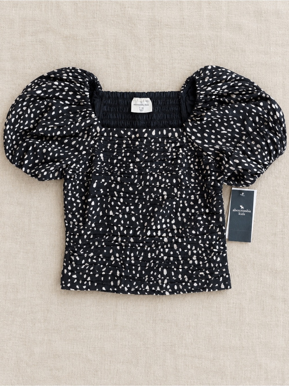 Abercrombie Kids Black Puff-Sleeve Smocked Top with White Dot Print Size 7/8 NW